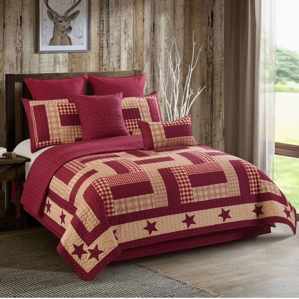 Farmhouse Primitive Burgundy Star Plaid Printed King Quilt Set Cottagecore
